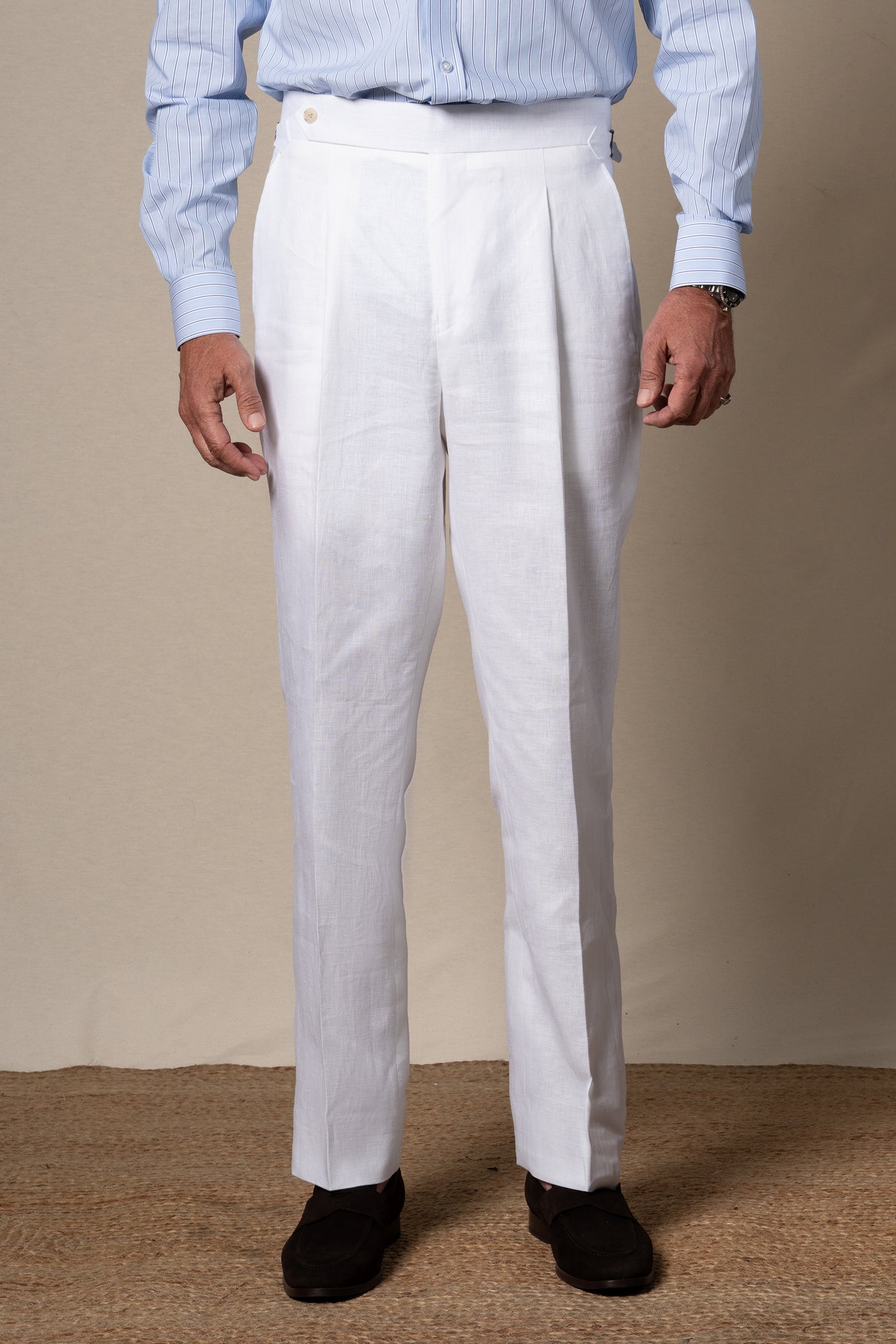 White Plain Linen Tailoring Pants — sastreria a medida BUND, lookbook Costa Vice Spring Summer 26
