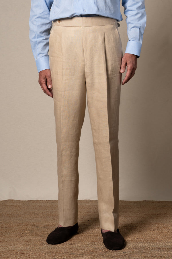 Beige Plain Linen Tailoring Pants