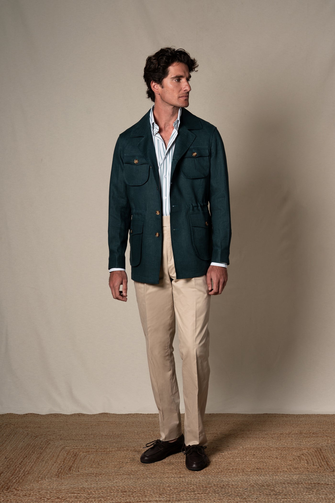 Green Plain Linen Sahariana