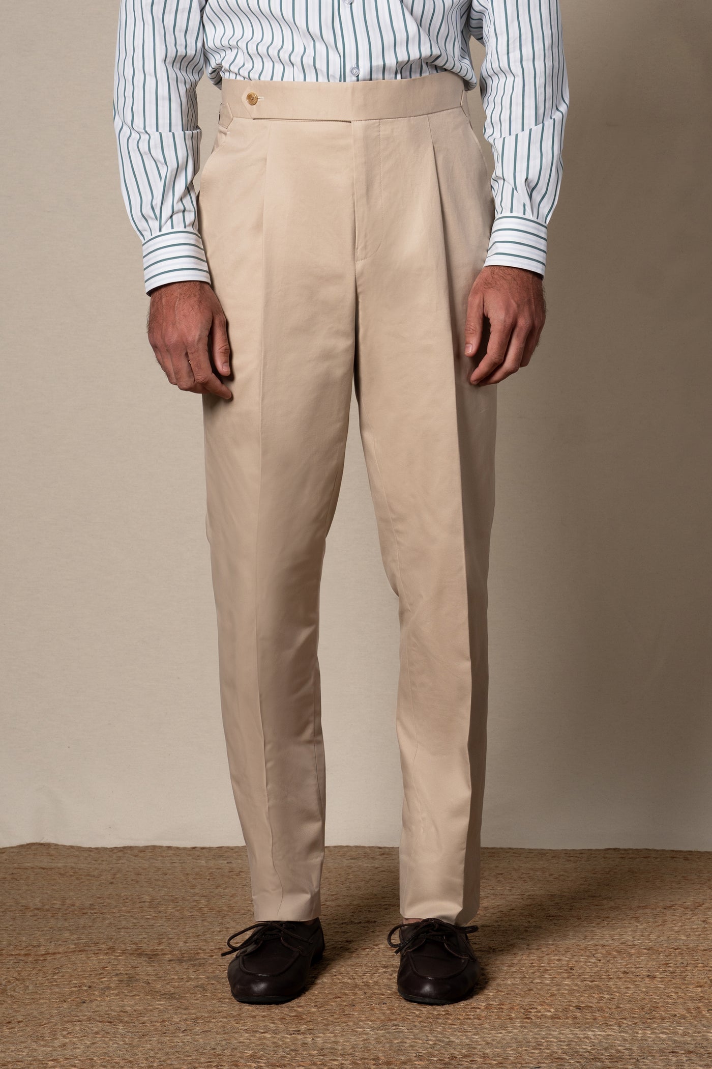 Beige Plain Cotton Tailoring Pants