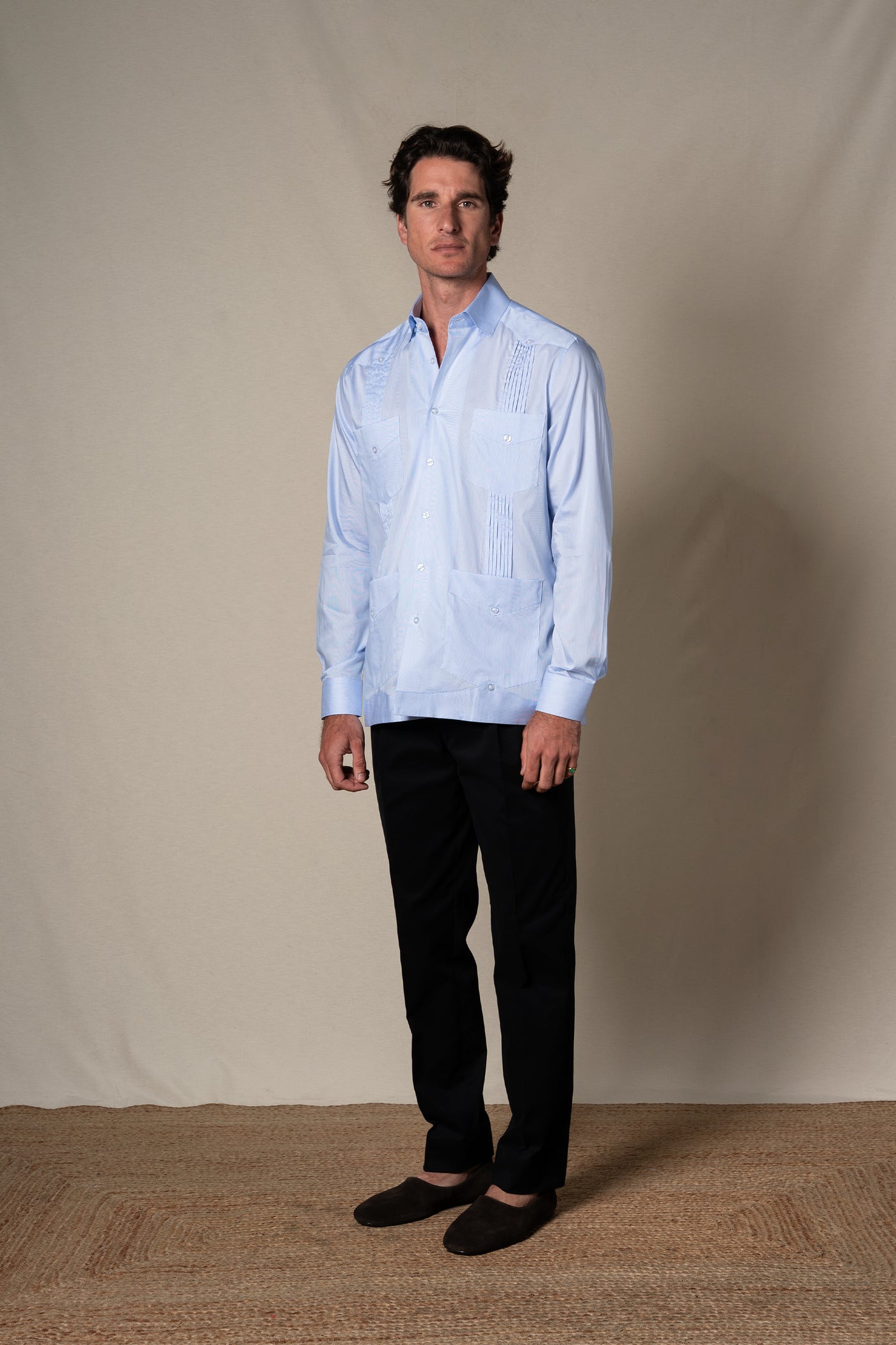 Light Blue Stripes Cotton Guayabera Shirt — look completo BUND, Costa Vice Spring Summer 26