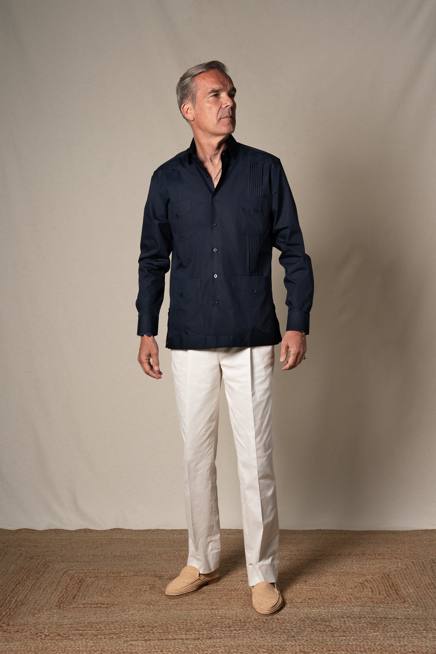 Dark Navy Plain Cotton Guayabera Shirt — look completo BUND, Costa Vice Spring Summer 26