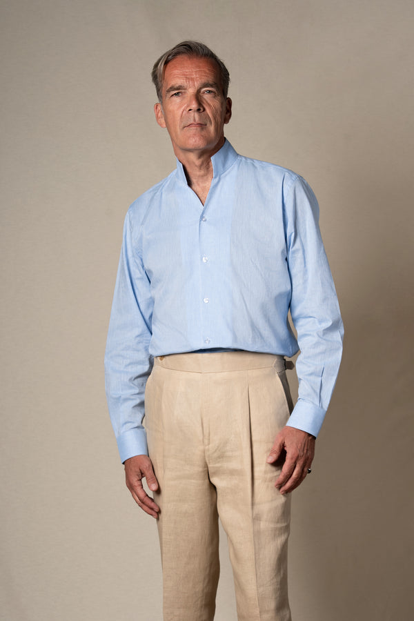 Light Blue Plain Mao Linen Casual Shirt