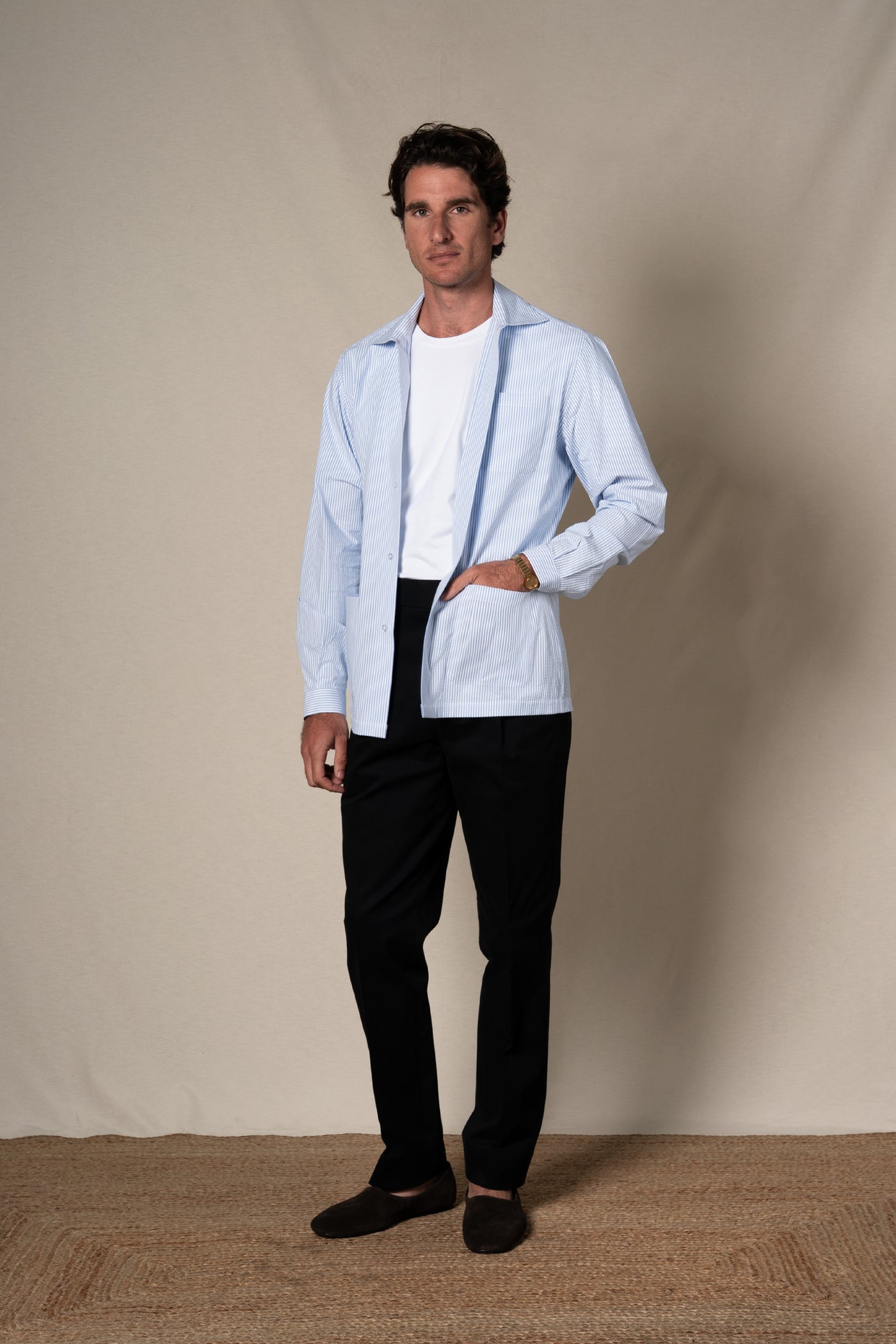 Navy Seersucker Stripes Overshirt — vista alternativa 2, BUND Costa Vice Spring Summer 26