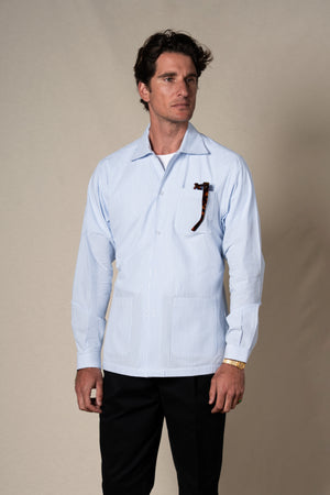 Navy Seersucker Stripes Overshirt — sastreria a medida BUND, lookbook Costa Vice Spring Summer 26