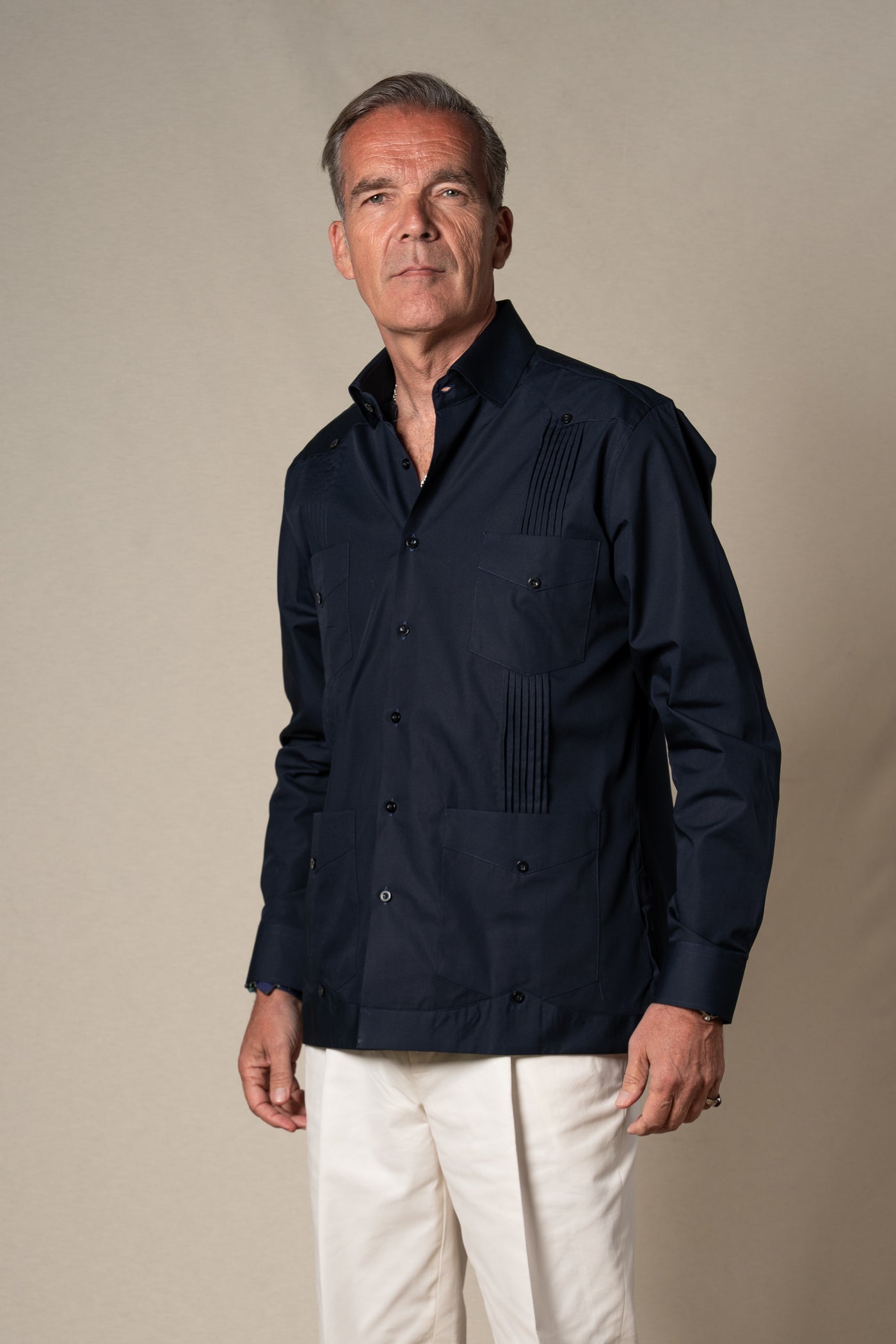Dark Navy Plain Cotton Guayabera Shirt — sastreria a medida BUND, lookbook Costa Vice Spring Summer 26
