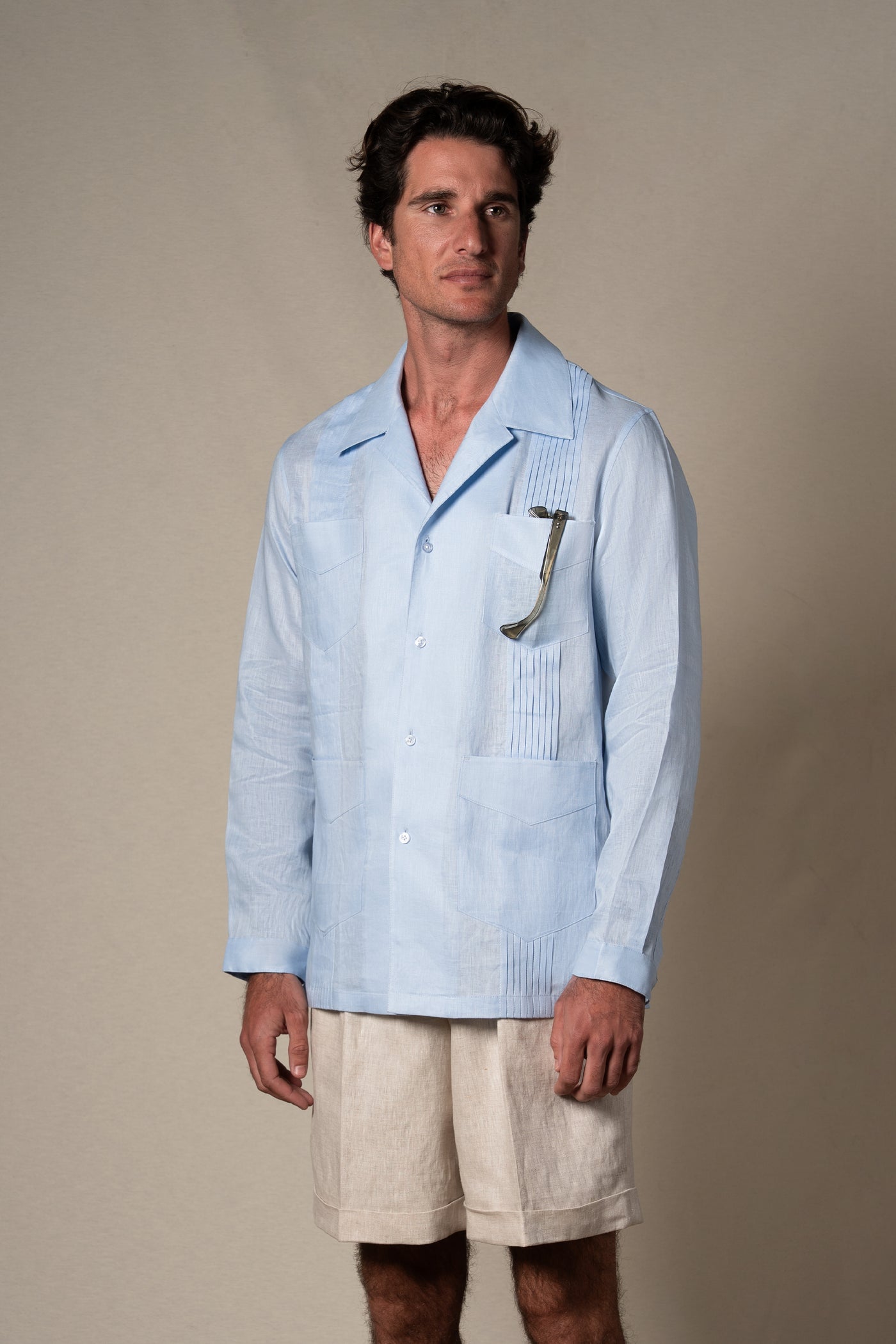 Light Blue Plain Linen Guayabera Shirt — sastreria a medida BUND, lookbook Costa Vice Spring Summer 26