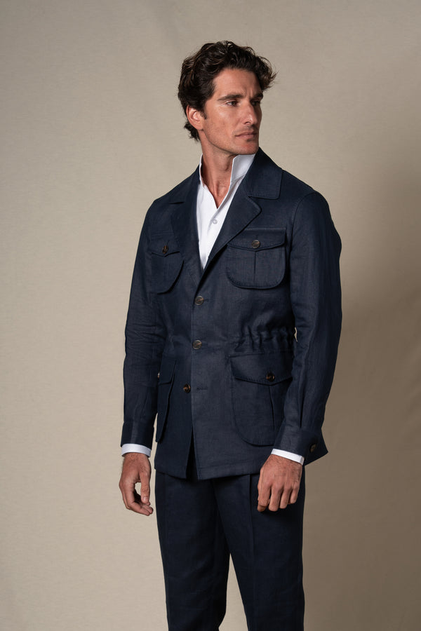 Dark Navy Plain Linen Sahariana