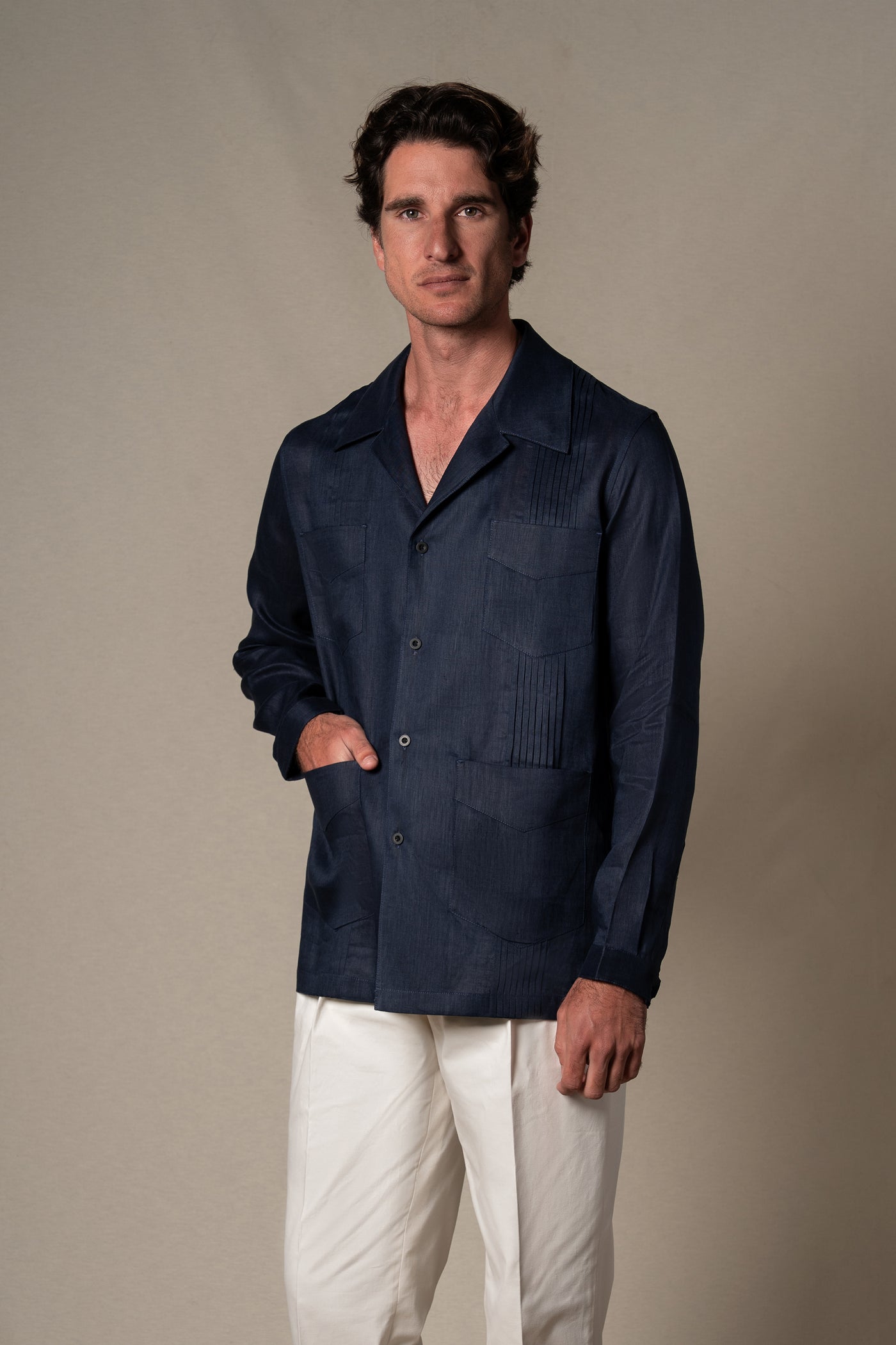 Dark Navy Plain Linen Guayabera Shirt