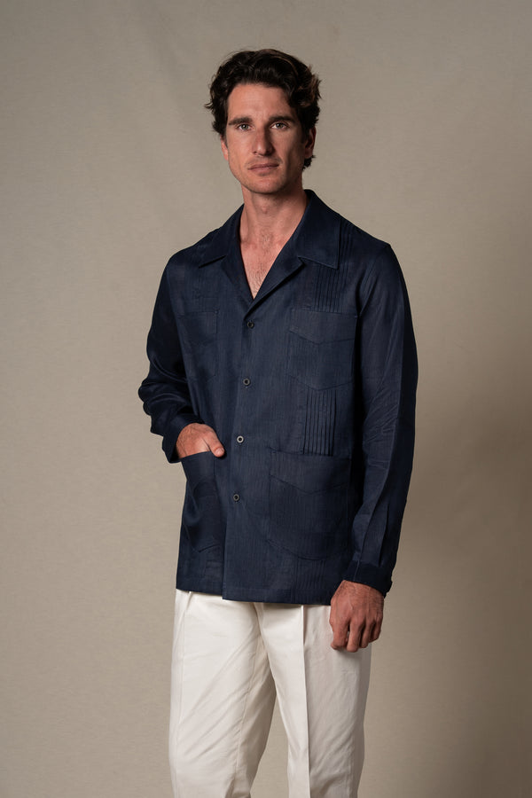 Dark Navy Plain Linen Guayabera Shirt