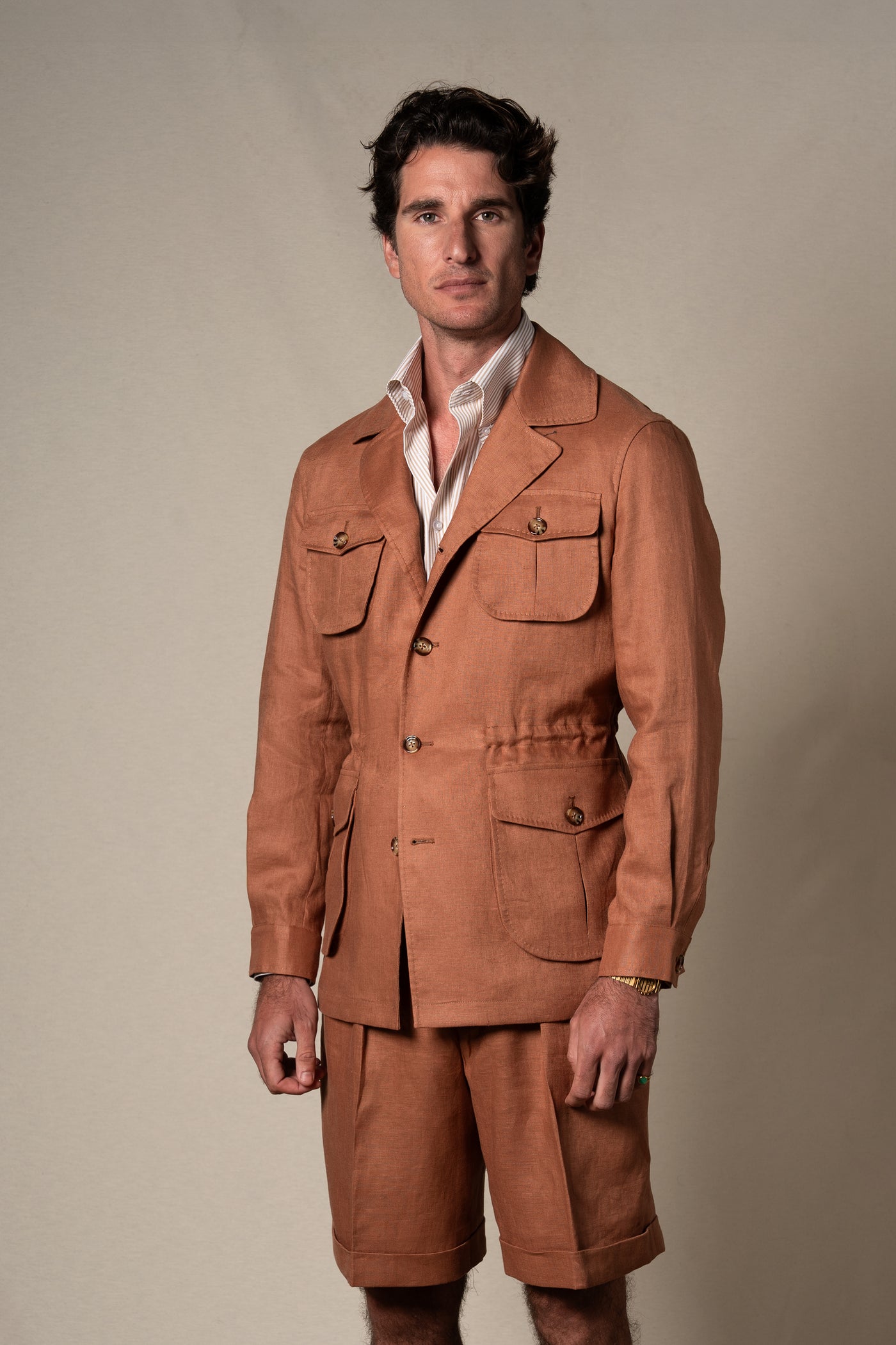 Orange Plain Linen Sahariana — sastreria a medida BUND, lookbook Costa Vice Spring Summer 26