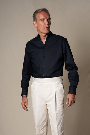 Dark Navy Plain Mao Linen Casual Shirt — sastreria a medida BUND, lookbook Costa Vice Spring Summer 26