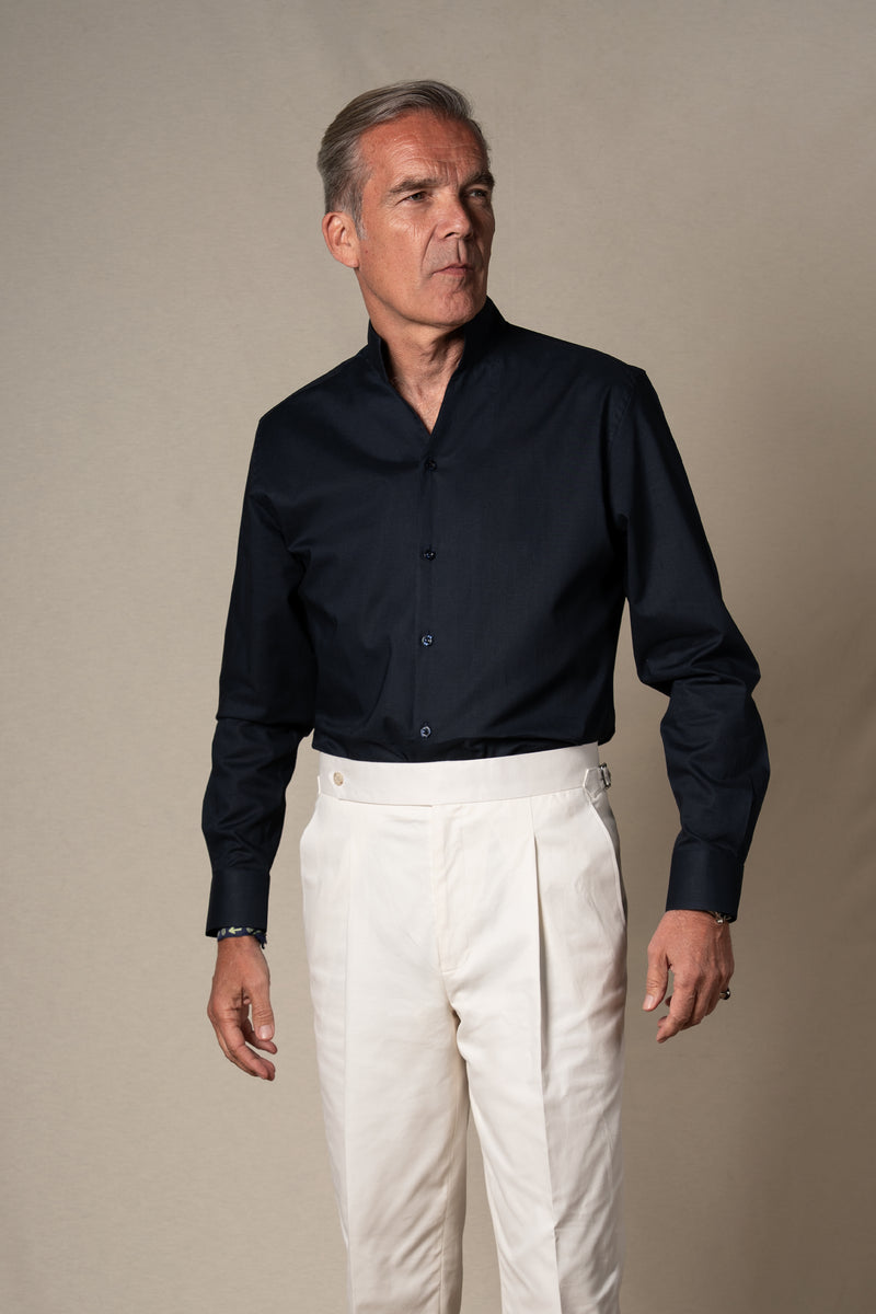 Dark Navy Plain Mao Linen Casual Shirt