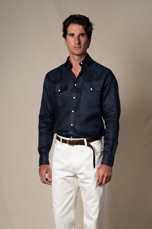 Dark Navy Western Linen Casual Shirt — sastreria a medida BUND, lookbook Costa Vice Spring Summer 26