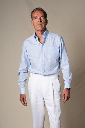 Light Blue Stripes Sport Cotton Casual Shirt — sastreria a medida BUND, lookbook Costa Vice Spring Summer 26
