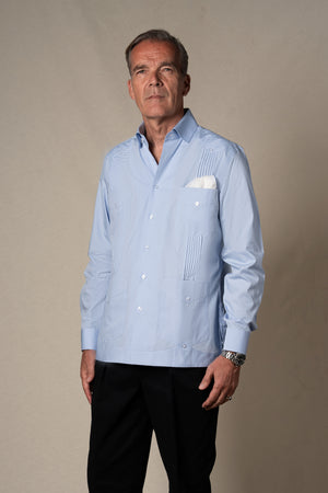 Light Blue Plain Cotton Guayabera Shirt — sastreria a medida BUND, lookbook Costa Vice Spring Summer 26