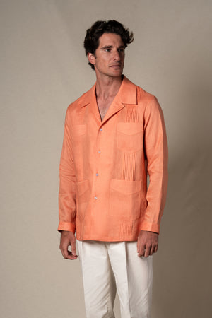 Orange Plain Linen Guayabera Shirt — sastreria a medida BUND, lookbook Costa Vice Spring Summer 26