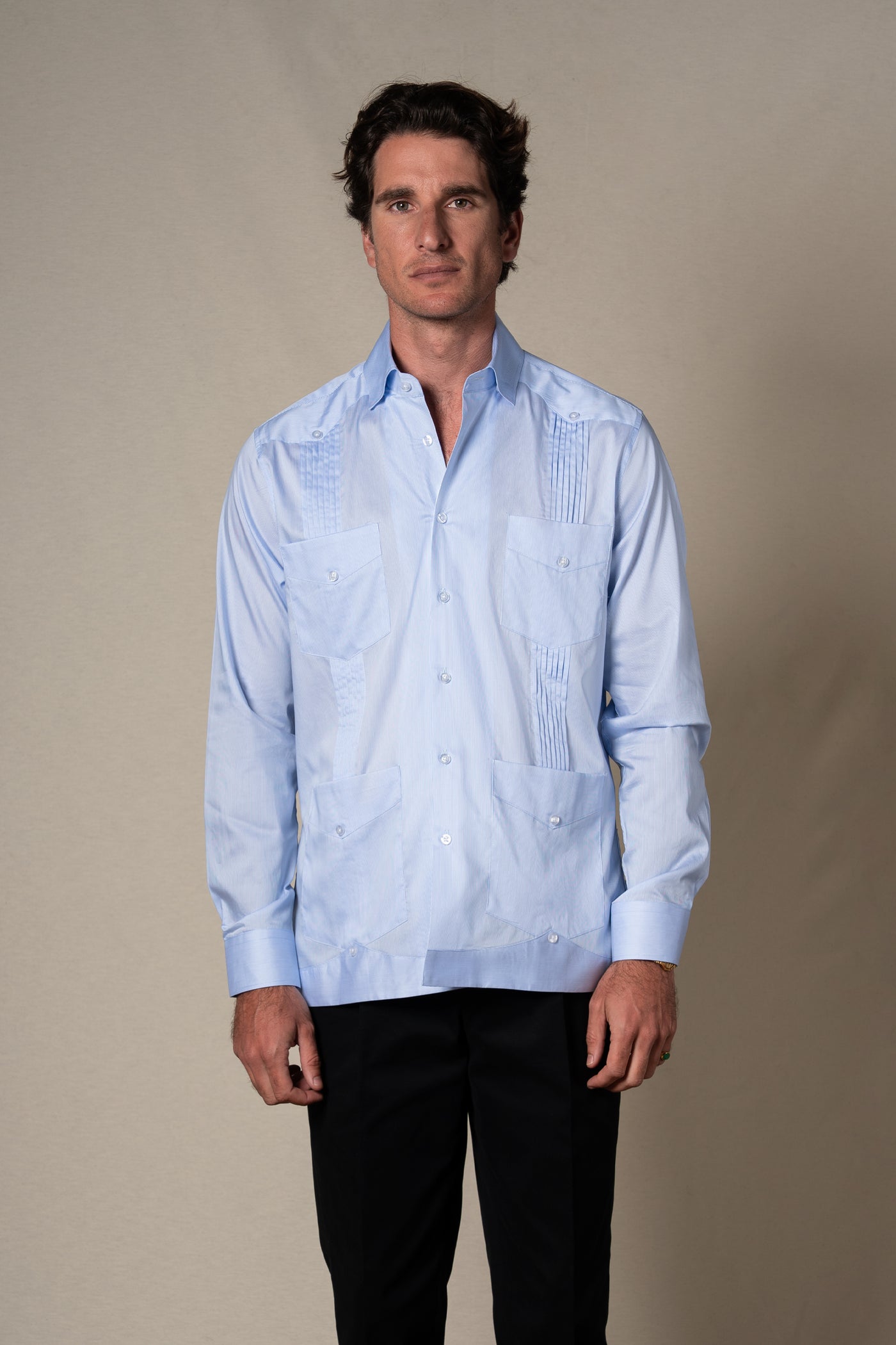 Light Blue Stripes Cotton Guayabera Shirt — sastreria a medida BUND, lookbook Costa Vice Spring Summer 26