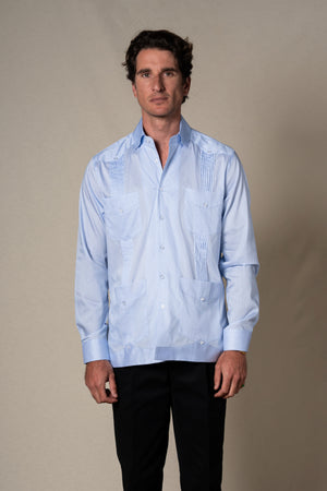 Light Blue Stripes Cotton Guayabera Shirt — sastreria a medida BUND, lookbook Costa Vice Spring Summer 26