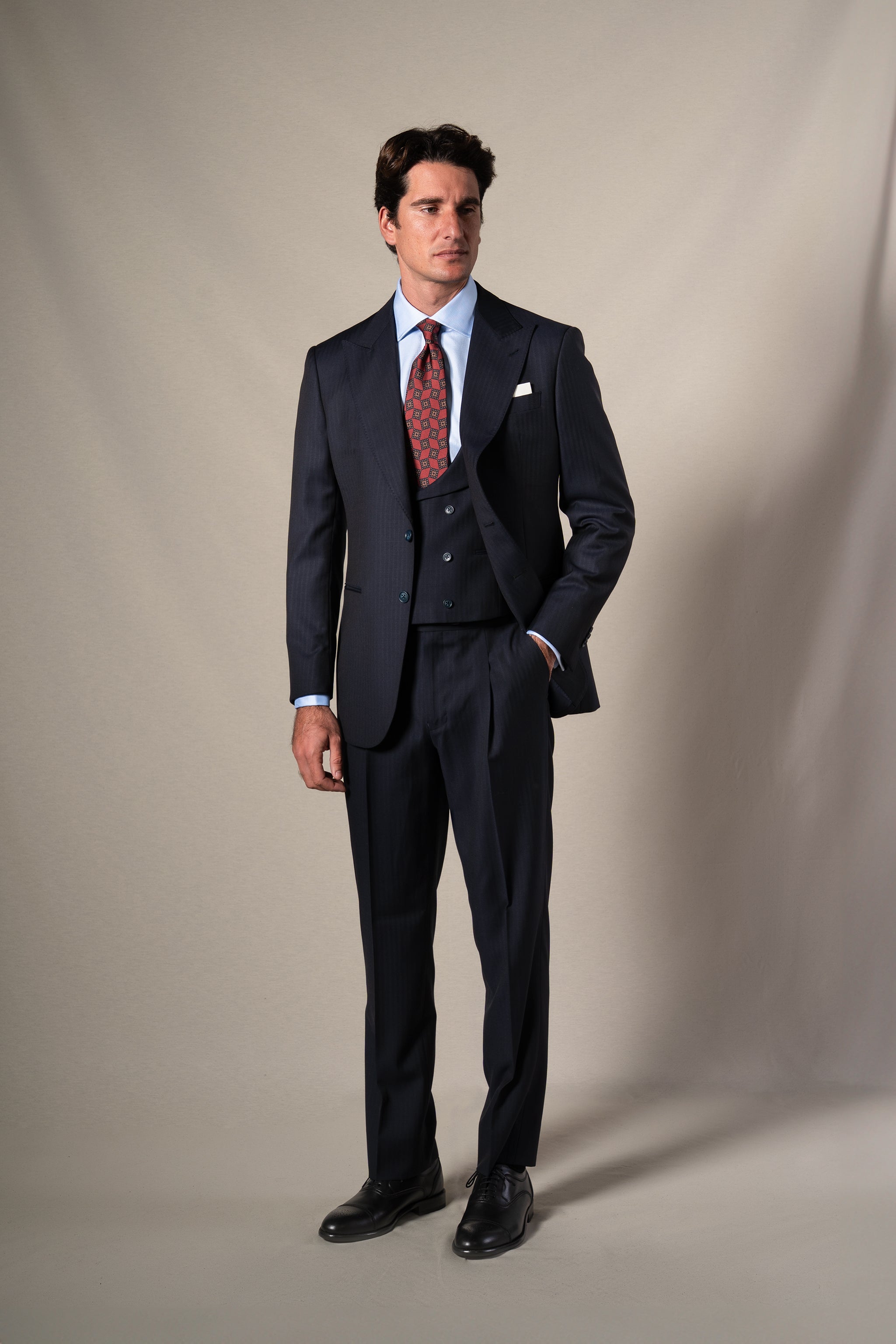 Dark Blue Herringbone 3 Piece Suit