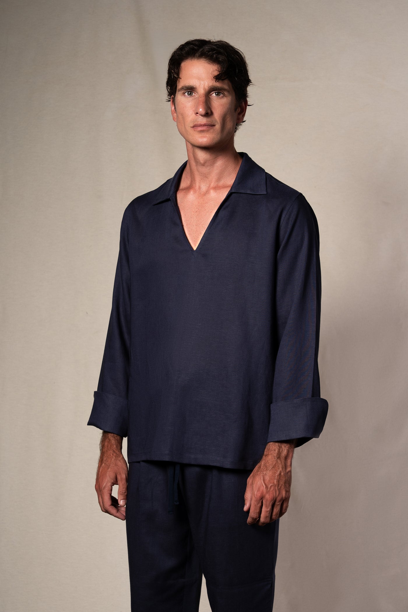 Navy Blue Linen Casual Polo Shirt