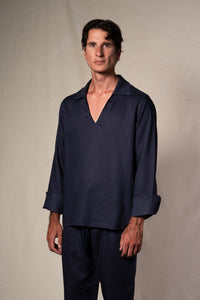 Navy Blue Linen Casual Polo Shirt