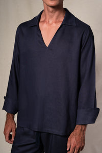 Navy Blue Linen Casual Polo Shirt