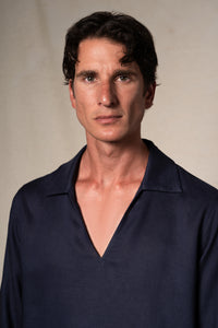 Navy Blue Linen Casual Polo Shirt