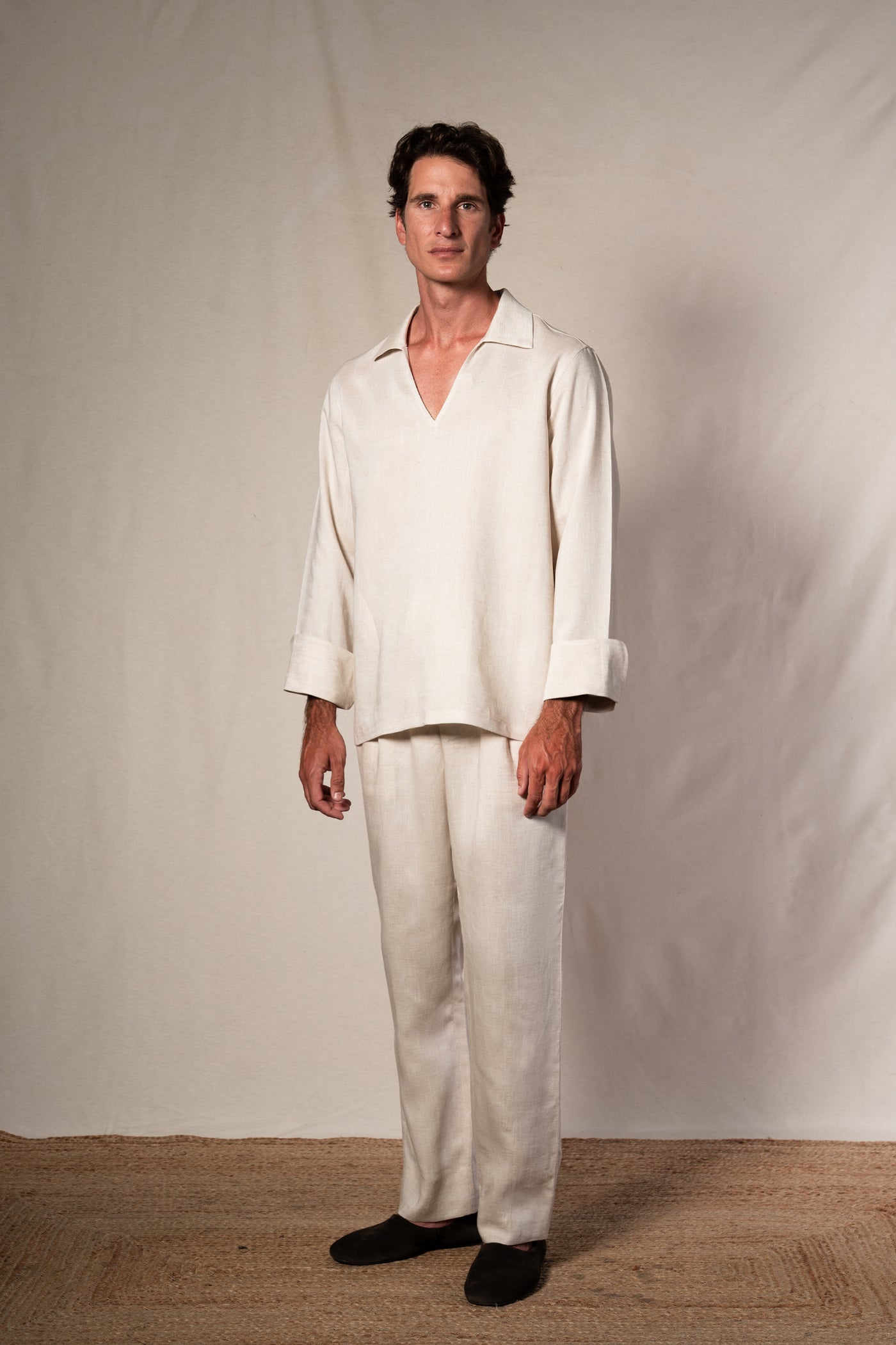 Beige Linen Casual Polo Shirt