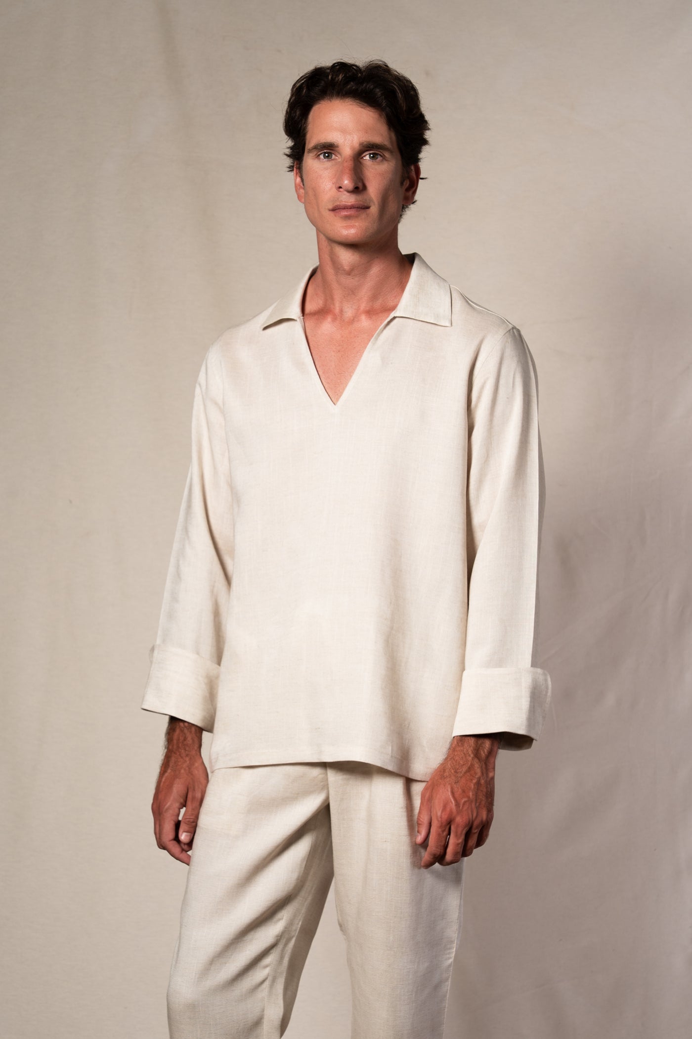 Beige Linen Casual Polo Shirt