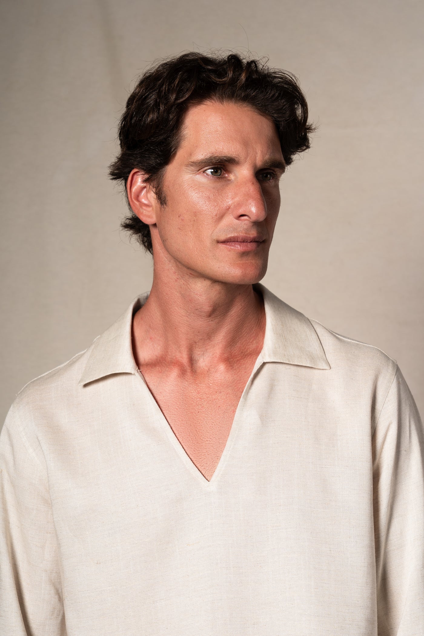 Beige Linen Casual Polo Shirt