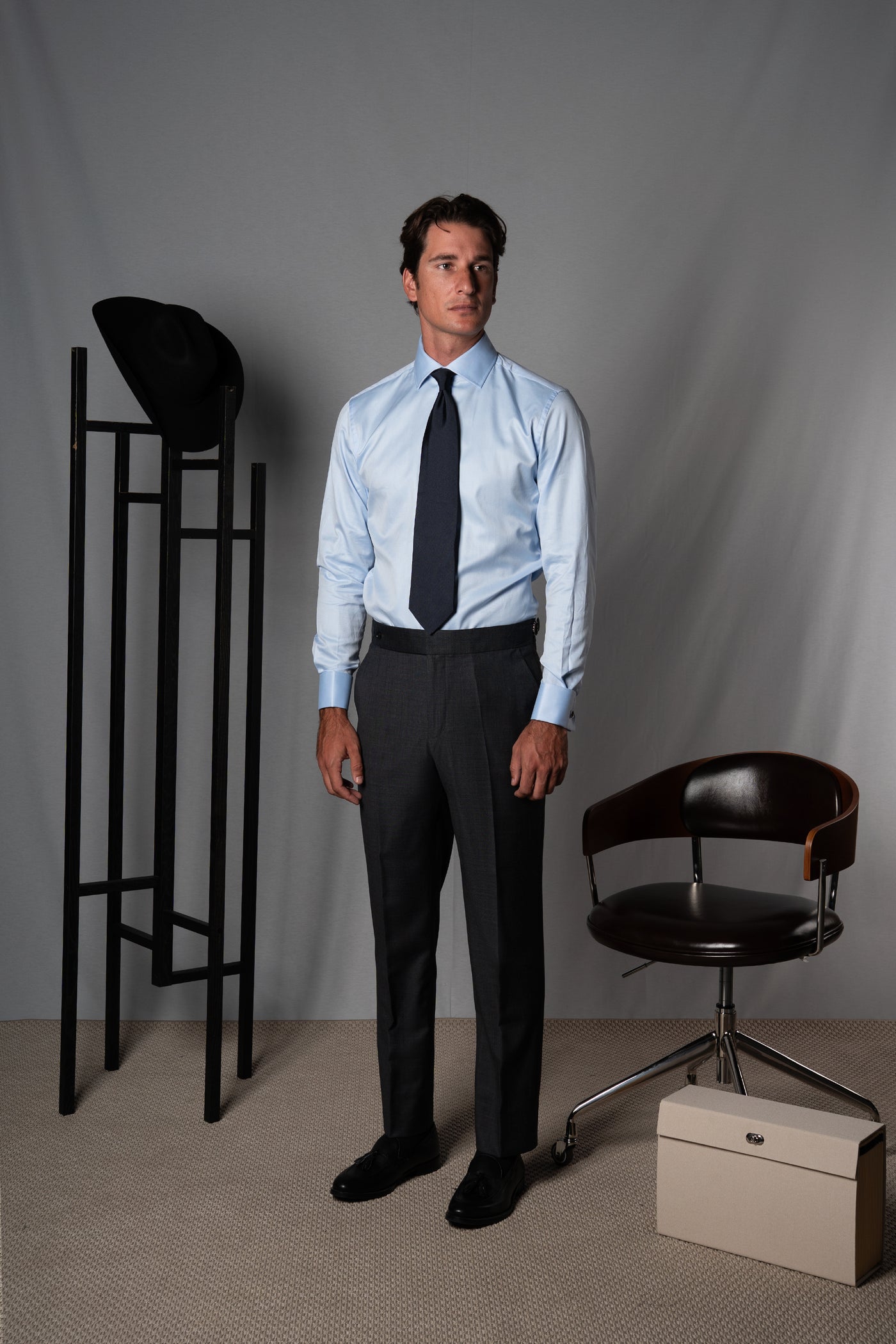 Herringbone Light Blue Cotton Business Shirt - Camisa BUND