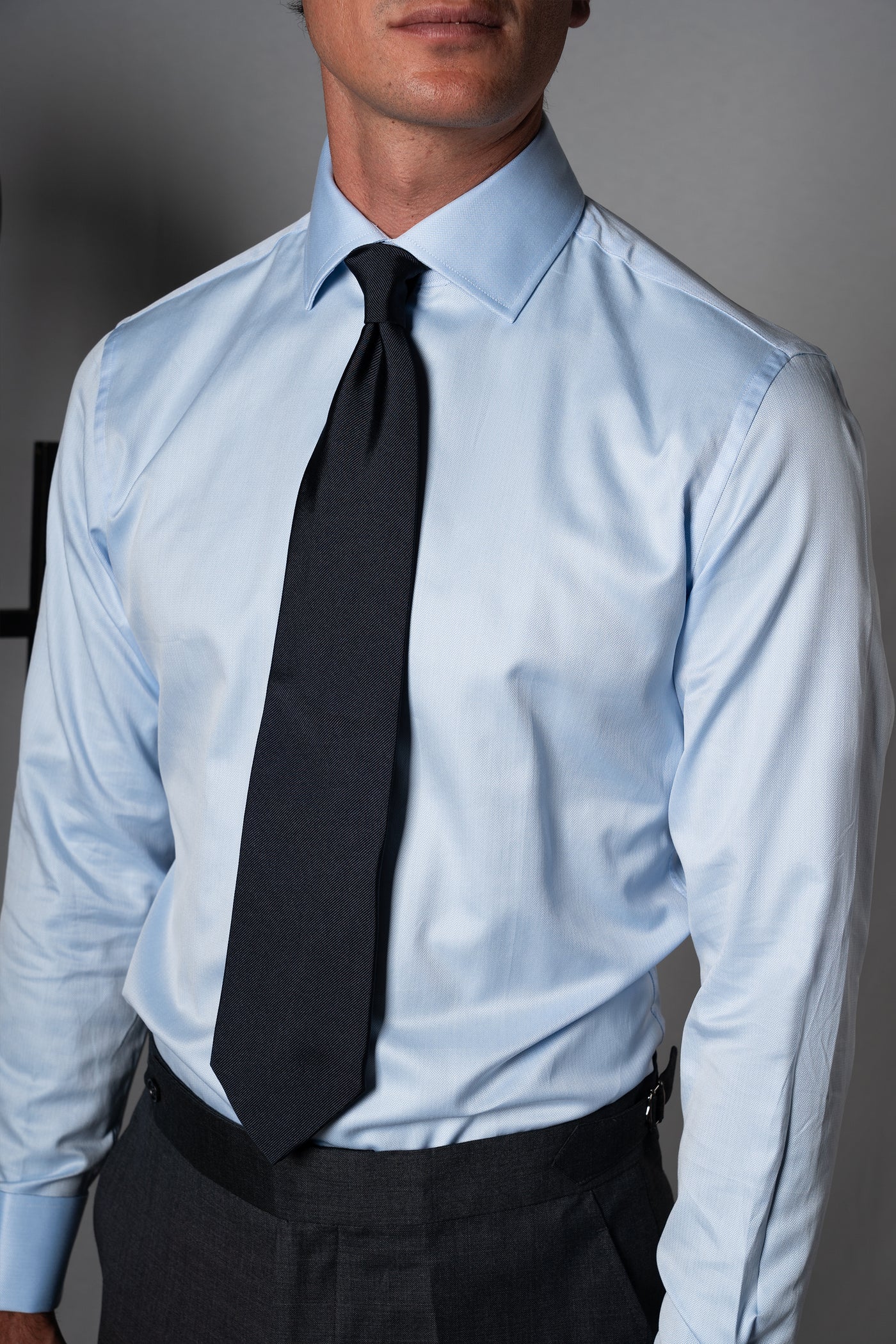 Herringbone Light Blue Cotton Business Shirt - Camisa BUND