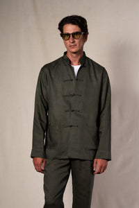 Dark Green Tang Linen Shirt