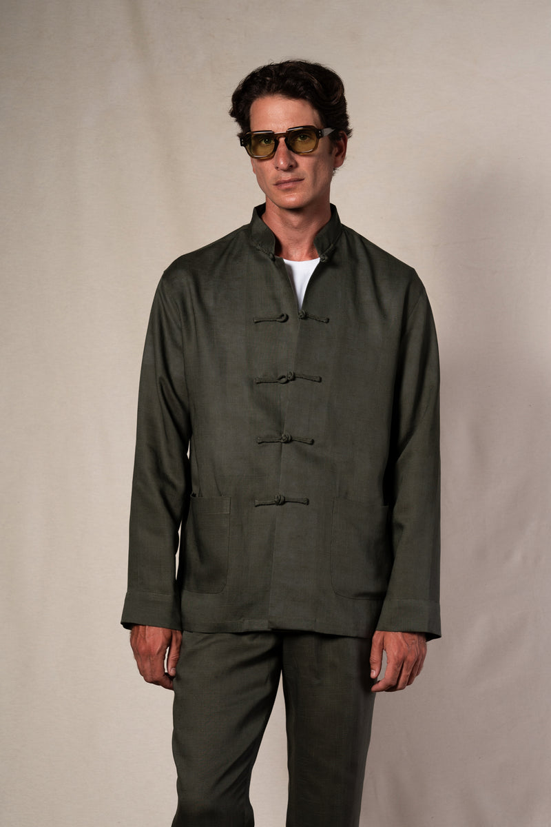 Dark Green Tang Linen Shirt