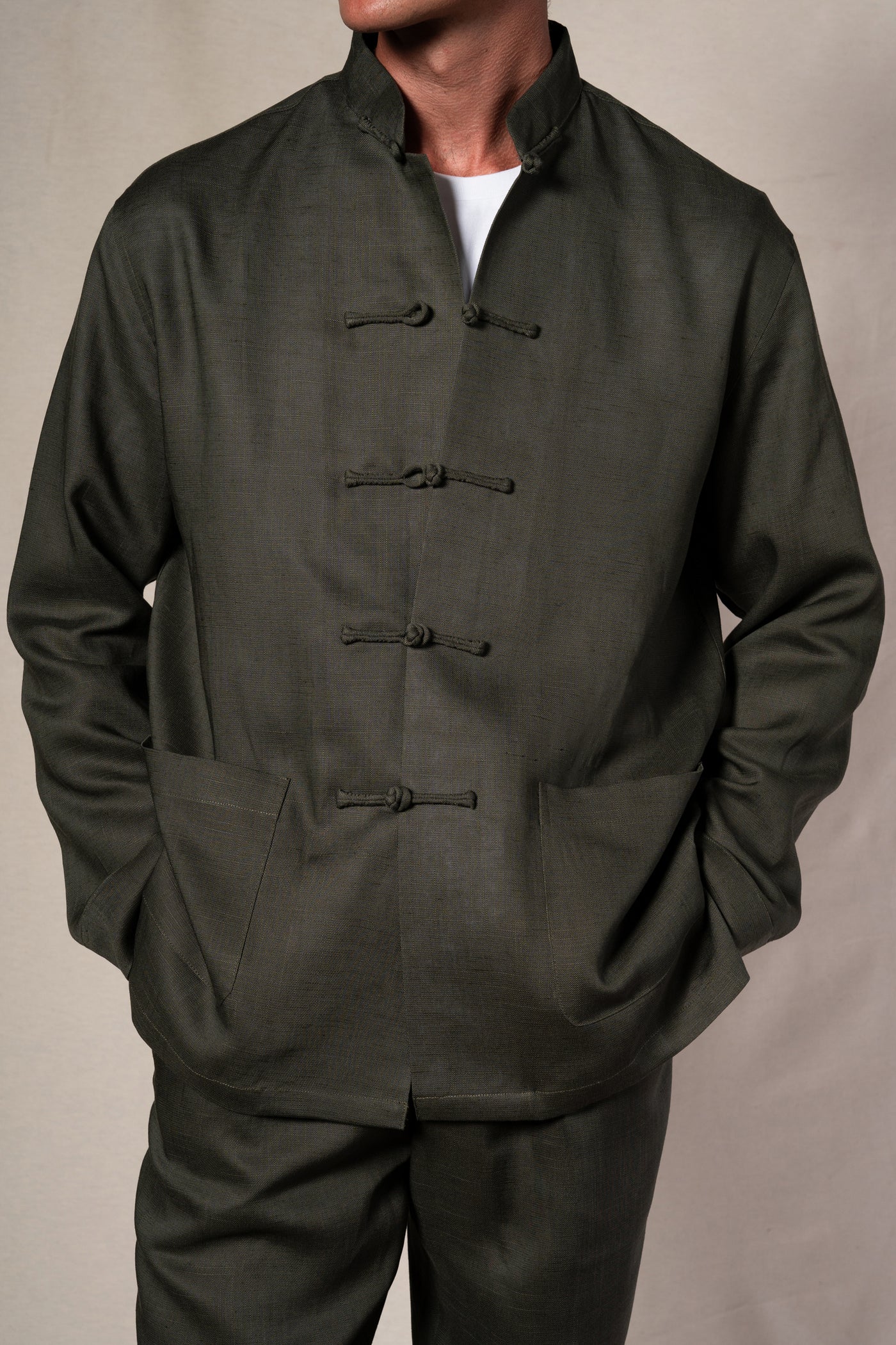 Dark Green Tang Linen Shirt