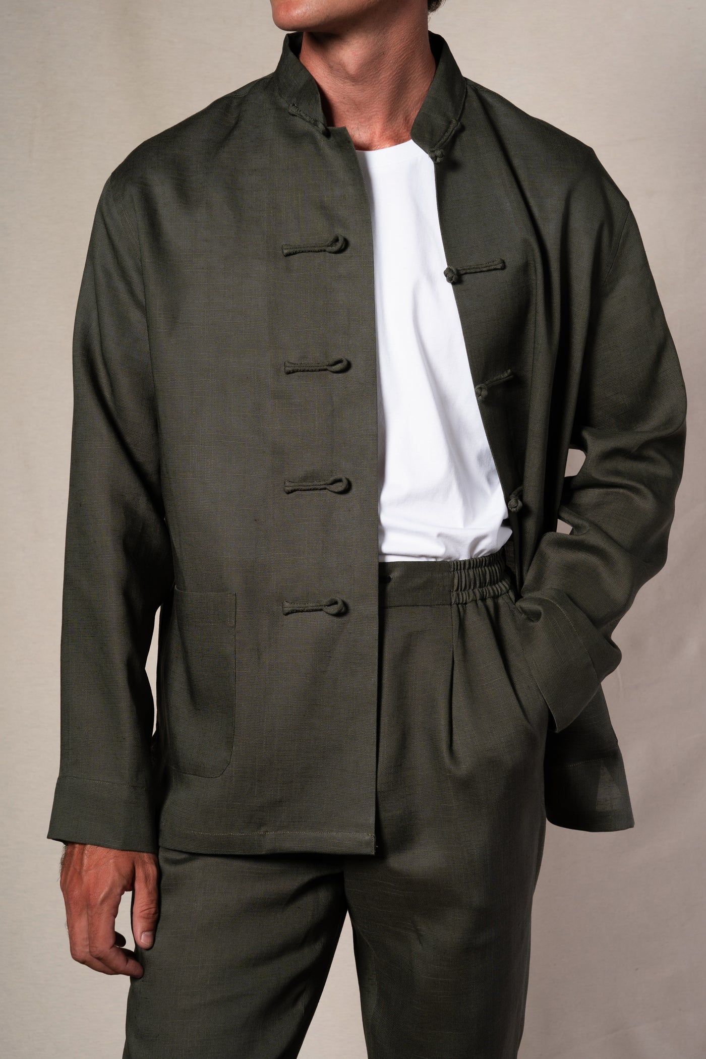 Dark Green Tang Linen Shirt