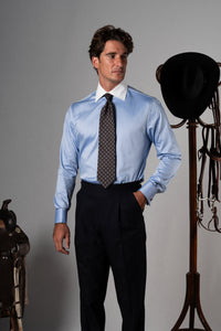 Wide Herringbone Blue Business Shirt - Camisa BUND