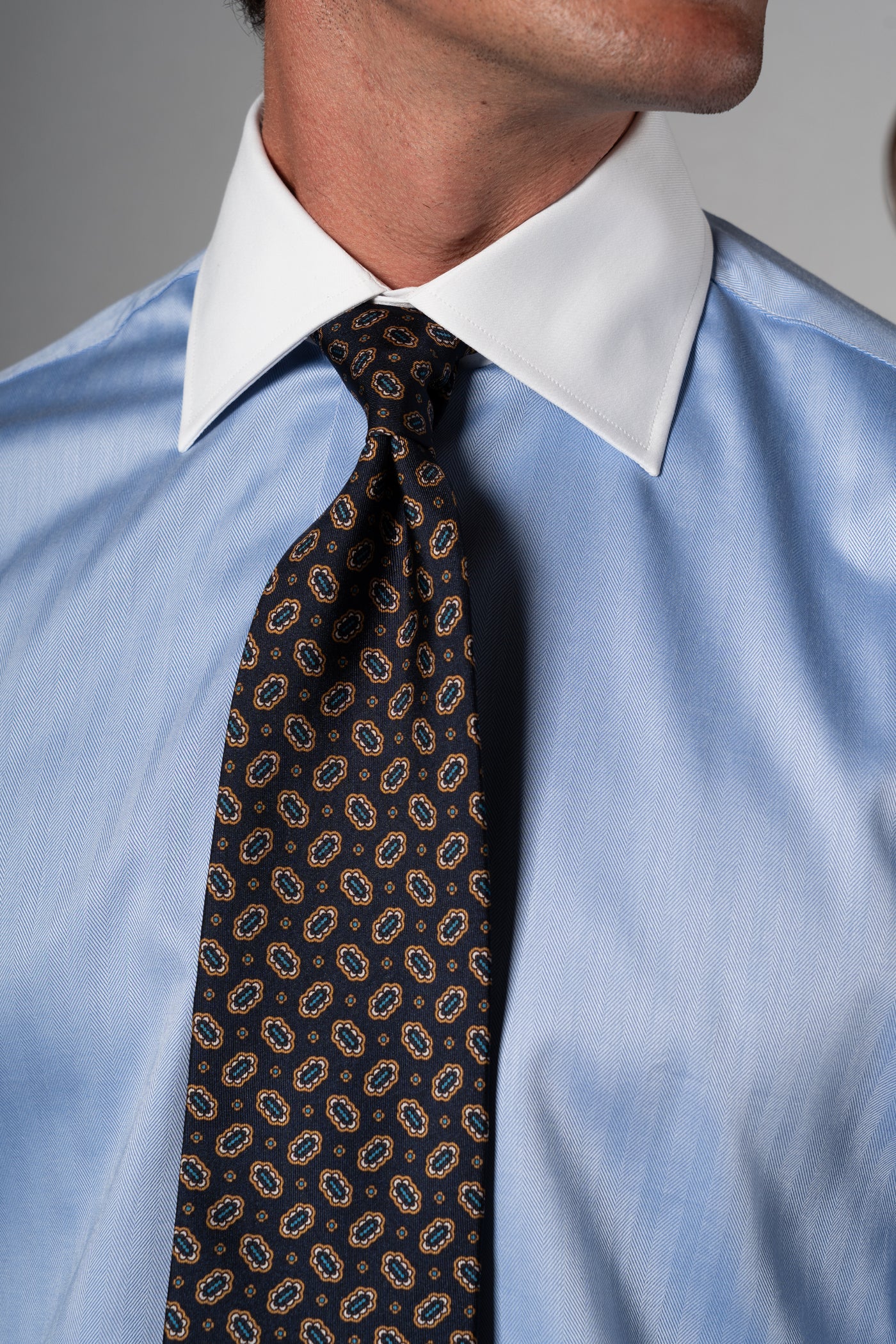 Wide Herringbone Blue Business Shirt - Camisa BUND
