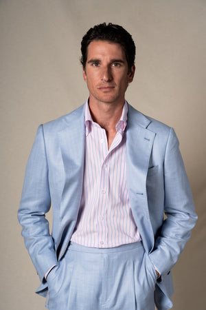 Light Blue Herringbone Suit — detalle del tejido, BUND Costa Vice SS26