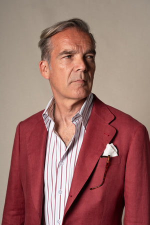 Strawberry Plain Linen Tailoring Jacket — detalle del tejido, BUND Costa Vice SS26