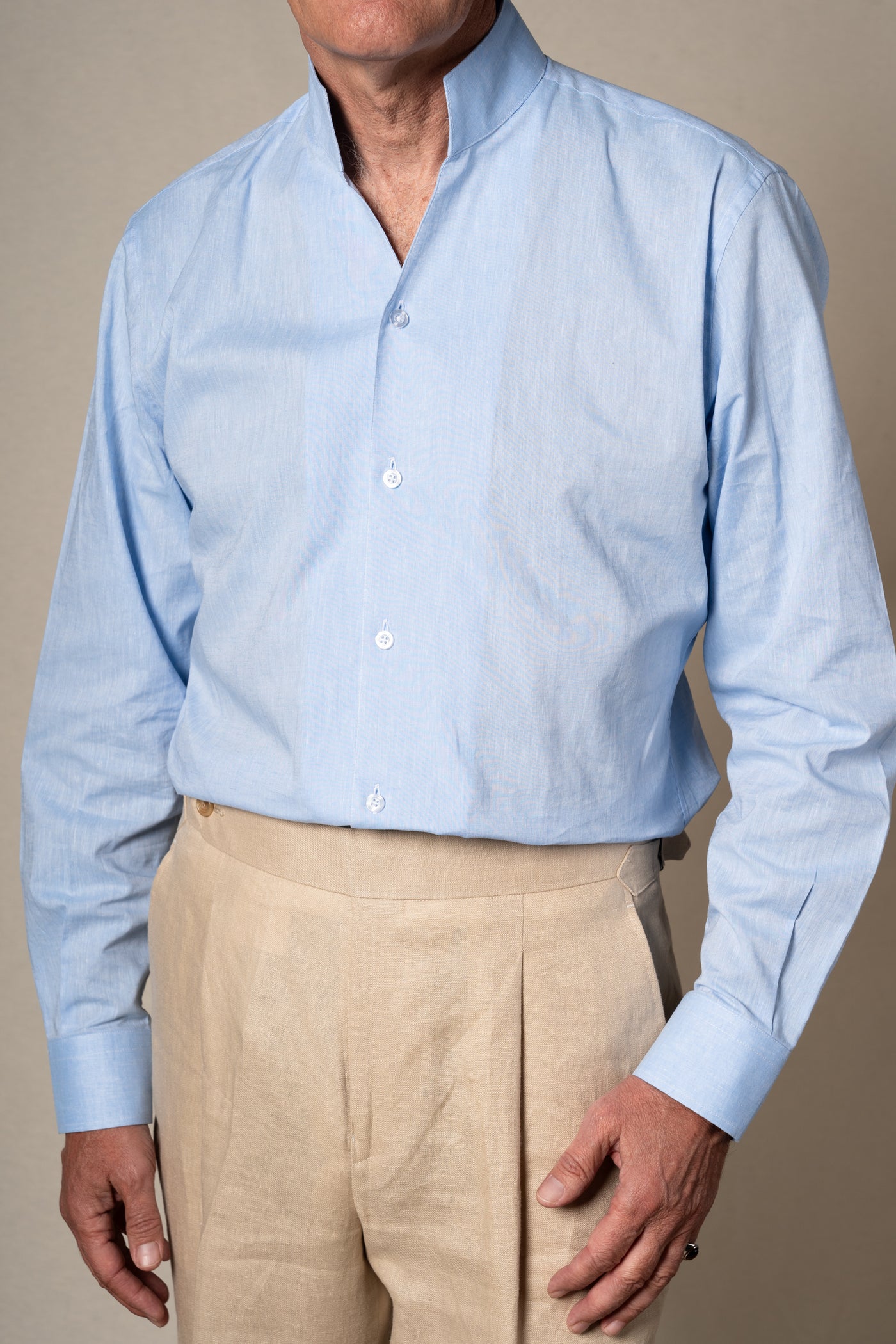 Light Blue Plain Mao Linen Casual Shirt — detalle del tejido, BUND Costa Vice SS26