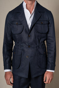 Dark Navy Plain Linen Sahariana — detalle del tejido, BUND Costa Vice SS26