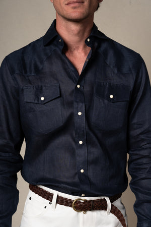 Dark Navy Western Linen Casual Shirt — detalle del tejido, BUND Costa Vice SS26