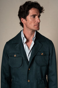 Green Plain Linen Sahariana — detalle del tejido, BUND Costa Vice SS26