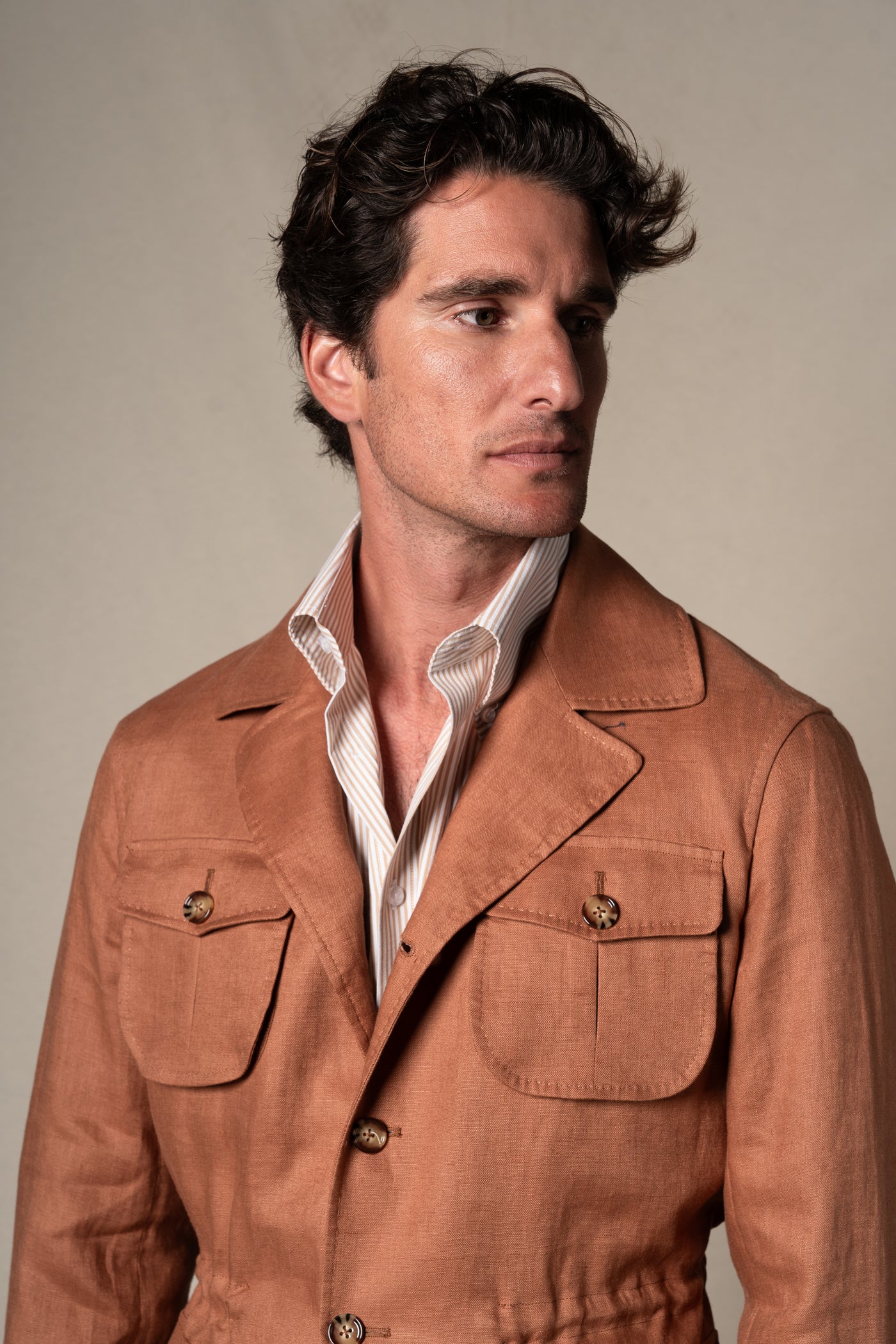 Orange Plain Linen Sahariana — detalle del tejido, BUND Costa Vice SS26