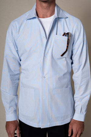 Navy Seersucker Stripes Overshirt — detalle del tejido, BUND Costa Vice SS26