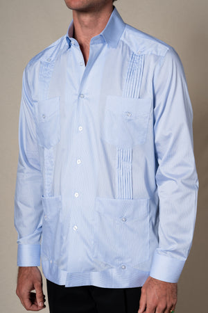 Light Blue Stripes Cotton Guayabera Shirt — detalle del tejido, BUND Costa Vice SS26