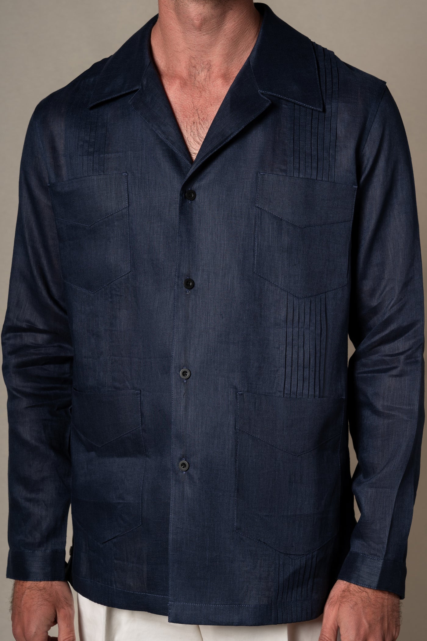 Dark Navy Plain Linen Guayabera Shirt