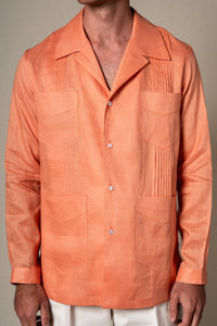 Orange Plain Linen Guayabera Shirt